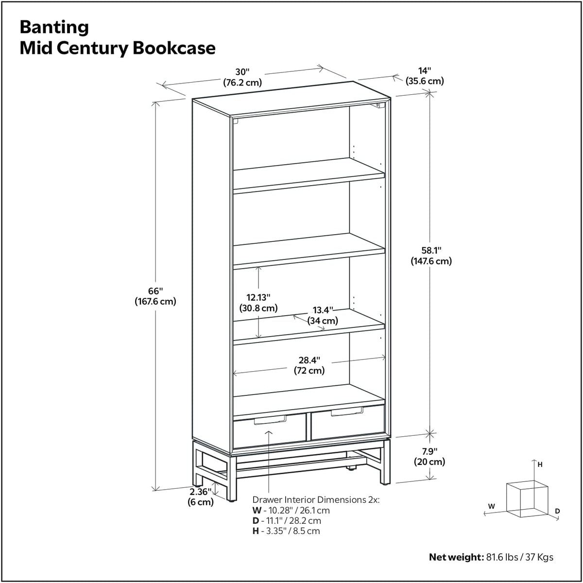 SIMPLIHOME Banting 66" Tall Walnut Veneer 4-Shelf Bookcase