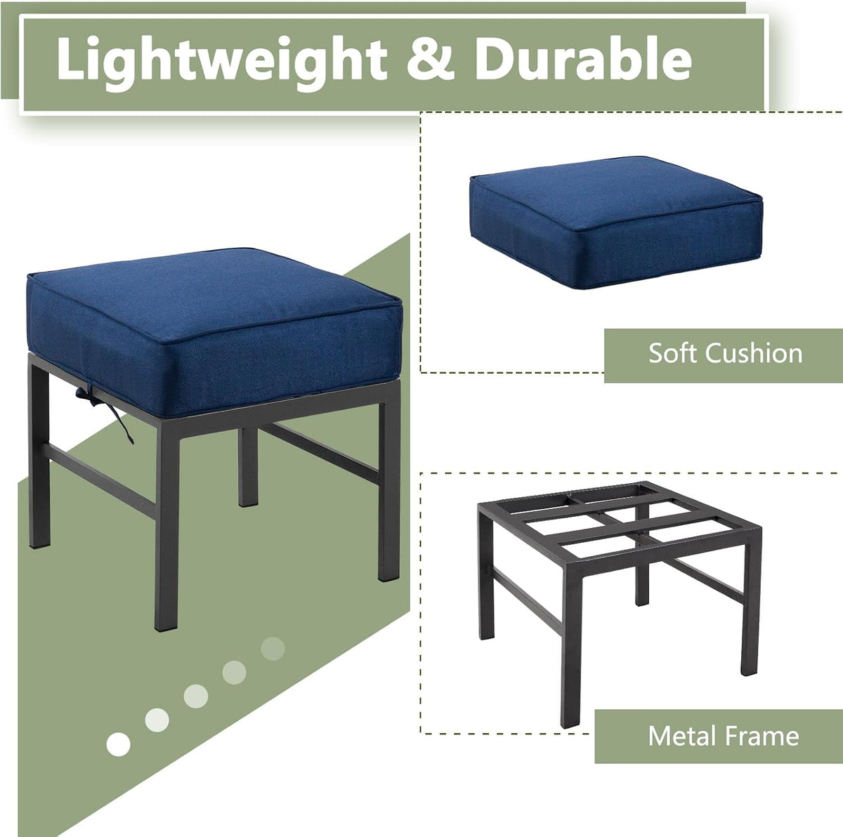 2 Pieces Outdoor Ottomans for Patio, Assembled Patio Ottomans with Bule Cushi...