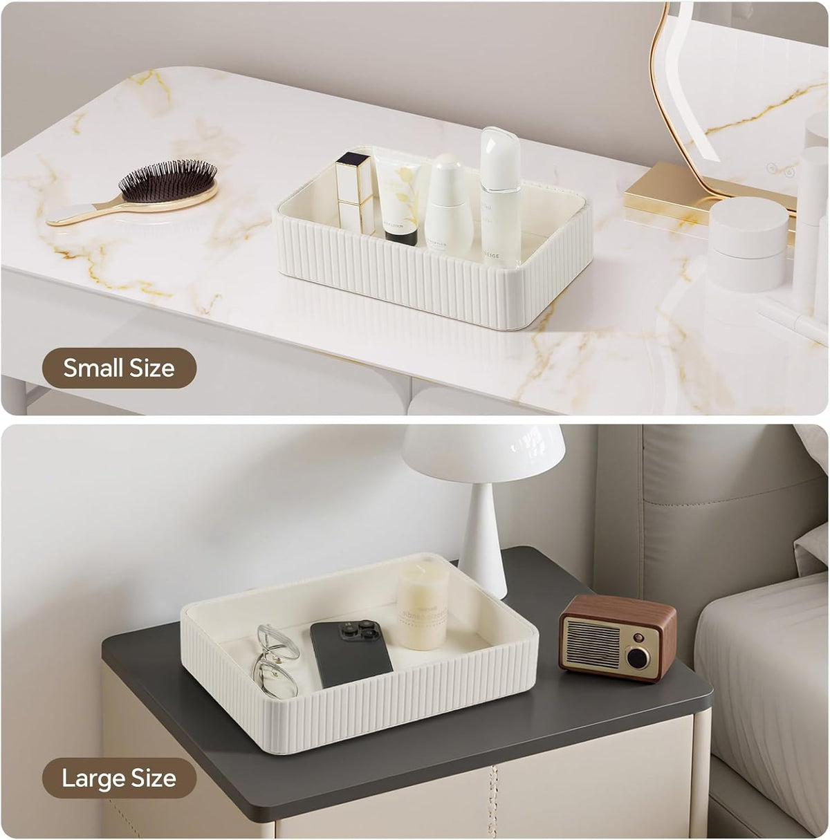 Desk Organizer Tray, PU Leather Nightstand Organizer, Ivory 2-Pack