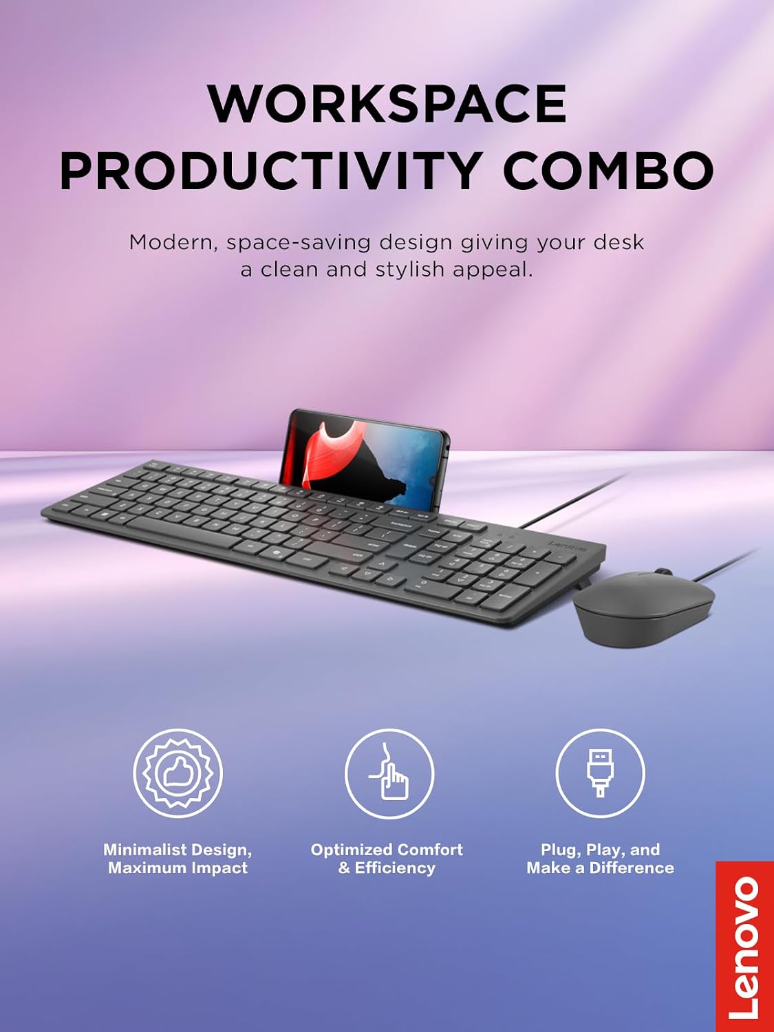 Lenovo 310 USB-A Wired Keyboard Mouse Combo, Quiet Keys, Ultra-Slim Gaming De...
