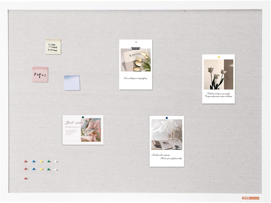 VEVOR 48"x36" White Cork Board with Linen Surface – Stylish Wall-Mo...