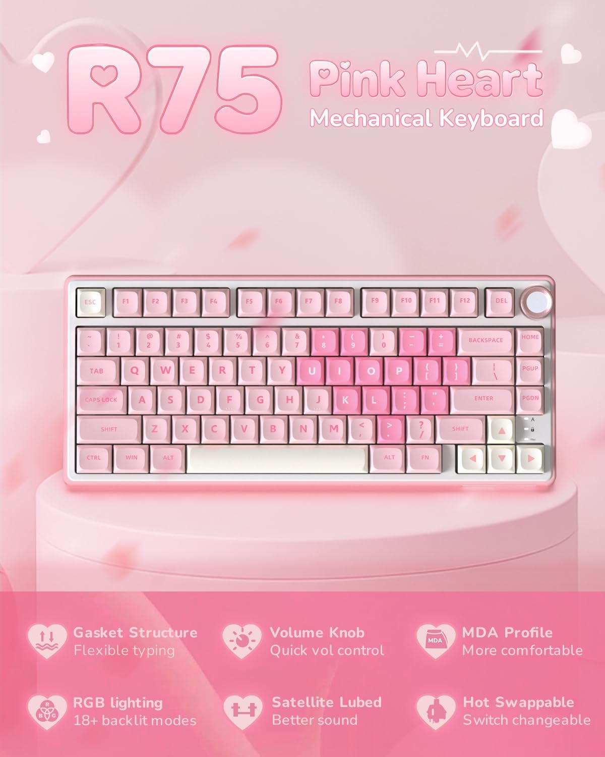 RK ROYAL KLUDGE R75 Mechanical Keyboard Wired with Volume Knob, 75% Keyboard ...