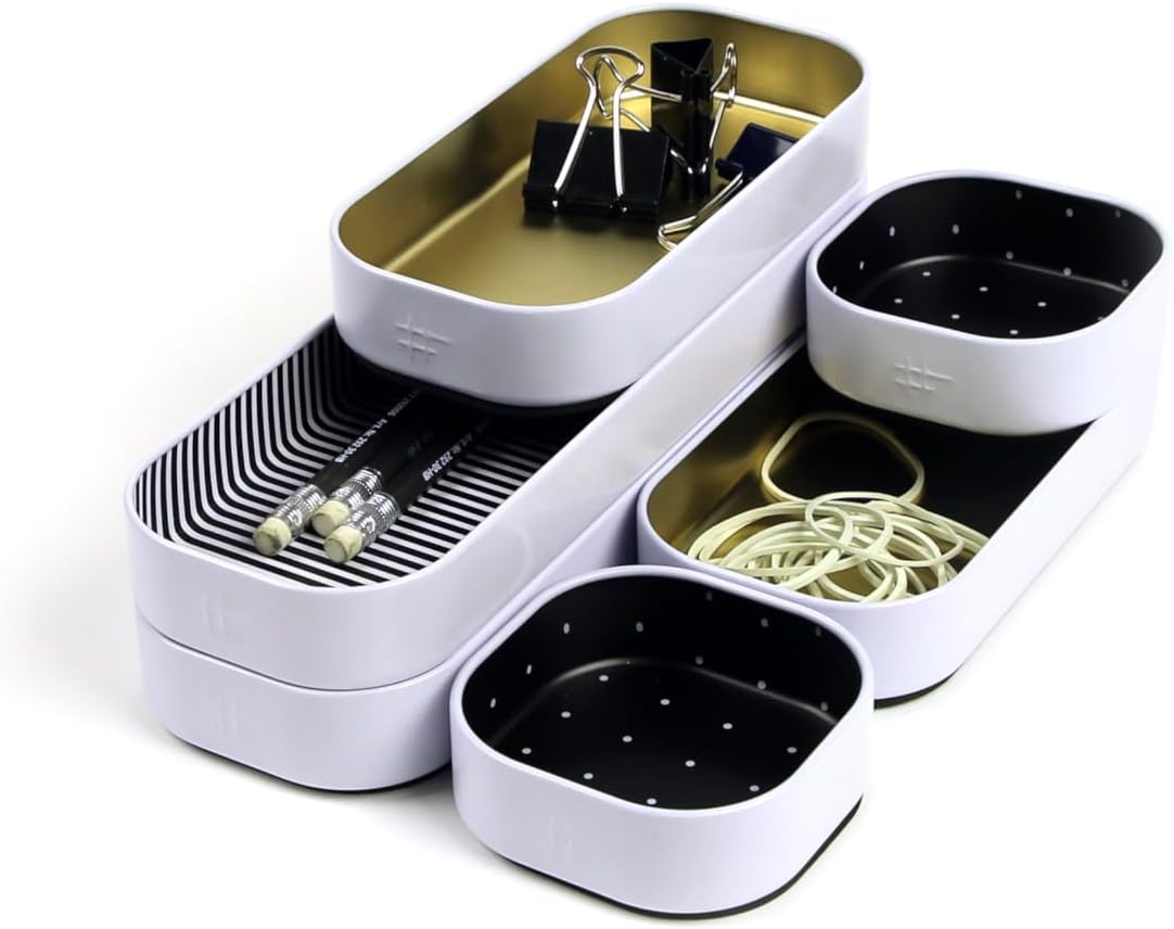 Three by Three Seattle Metal Drawer Organizer Tray Set, 6-Pc, 1" (Gold)
