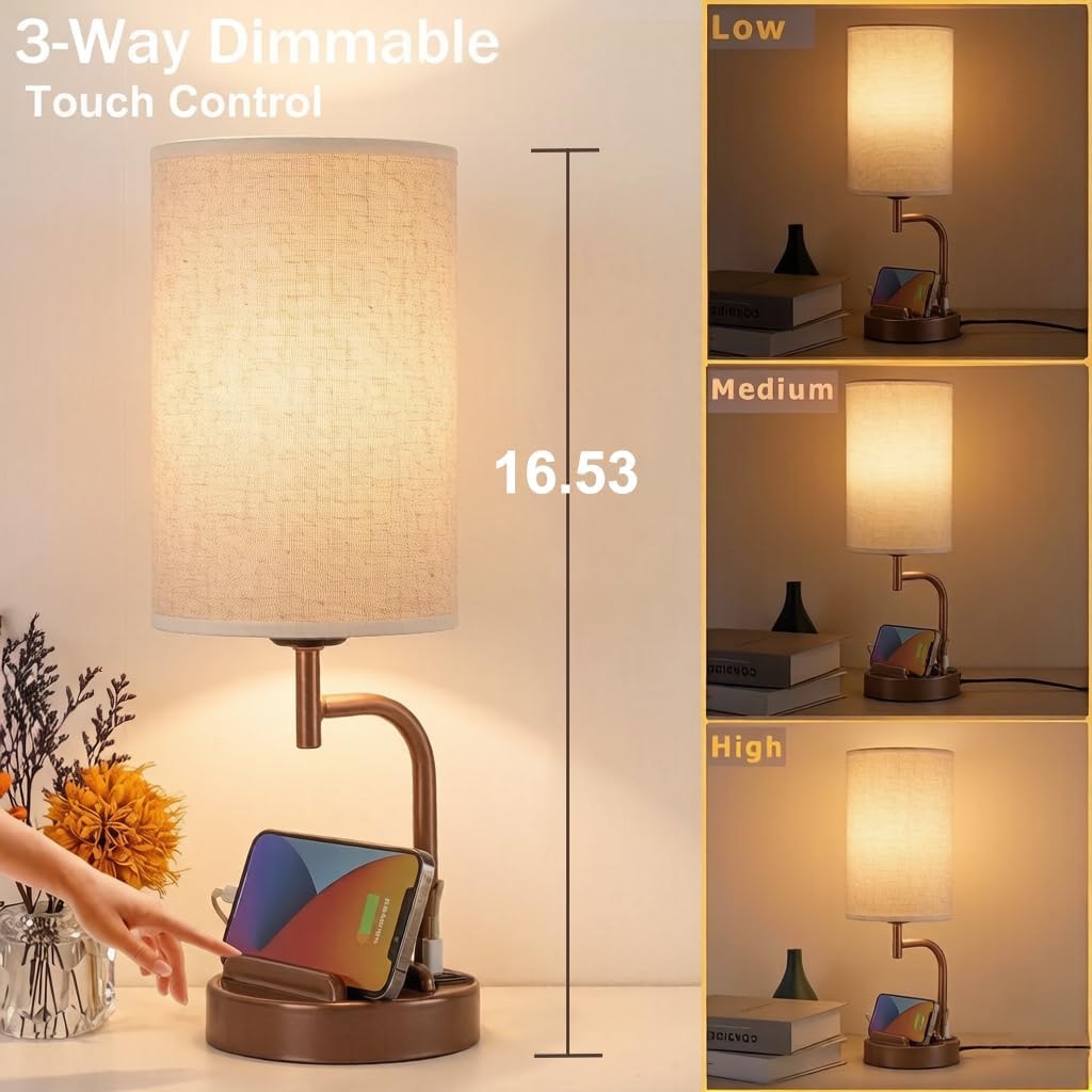 Dreamholder Touch Control USB Table Lamp with USB C/A & AC Outlet, 3-Way ...