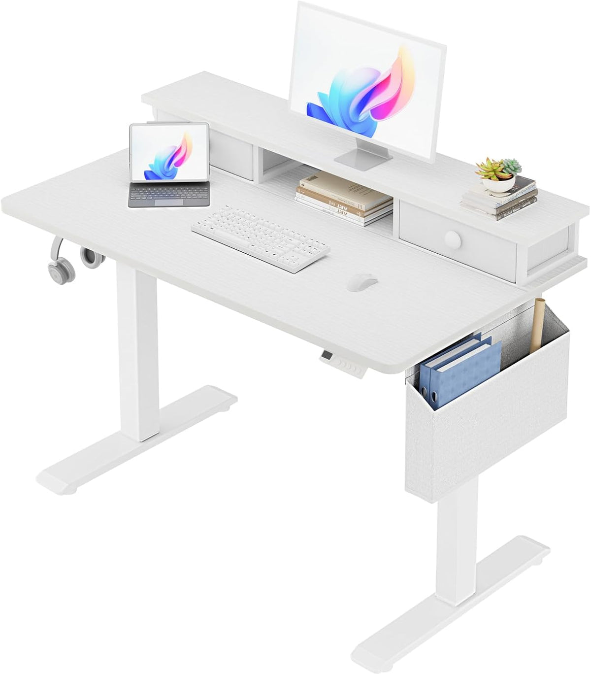 KLUVIS White Electric Standing Desk with Drawers, 40 Inch
