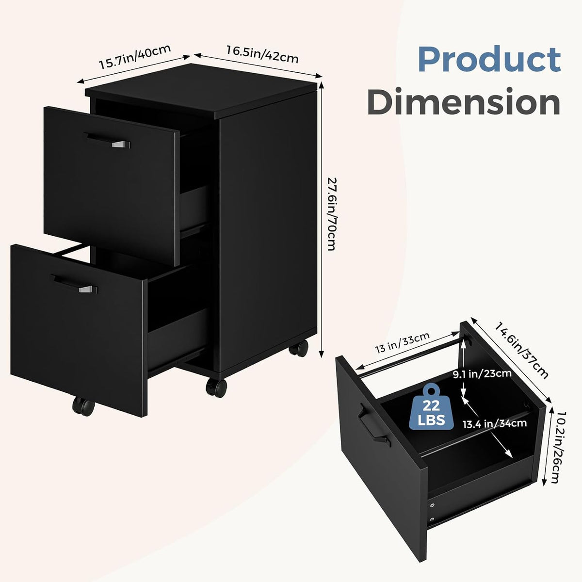 DUMOS 2 Drawer File Cabinet, Rolling Wood Storage Cabinet, Black