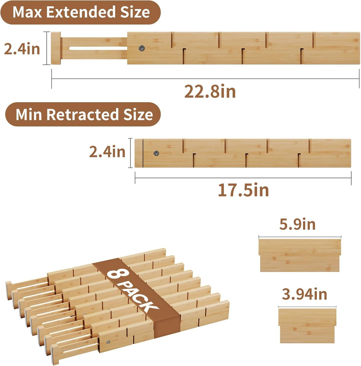 Bamboo Drawer Dividers 8 Pack with Inserts, Kitchen Adjustable Drawer Organiz...
