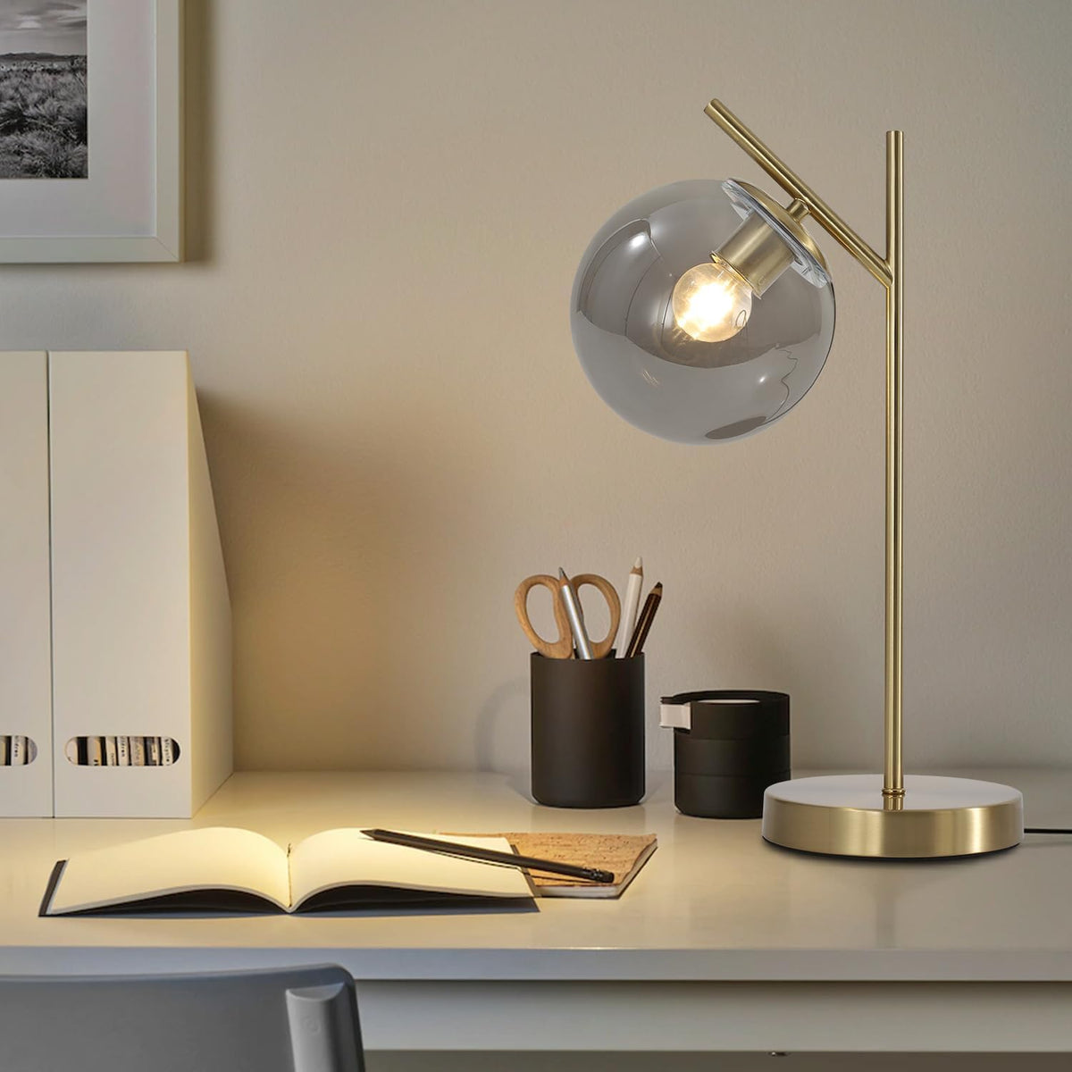Mid Century Desk Lamp, Glass Globe Table Lamp with Gray Glass lampshade, Gold...