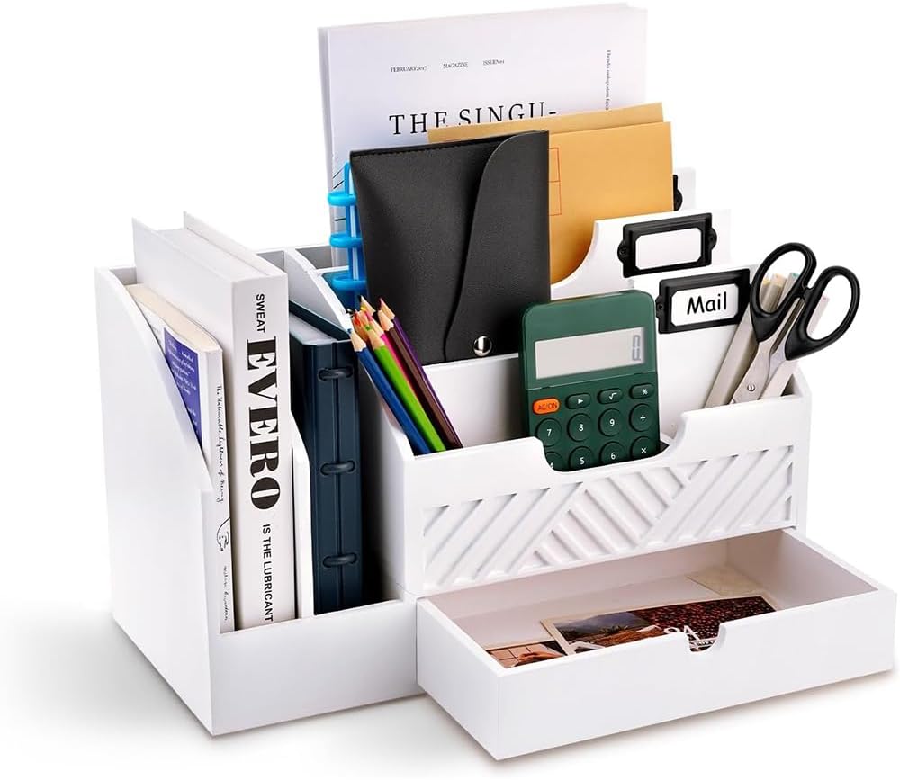 Wood Mail Organizer Countertop, 6 Compartments with Drawer, White