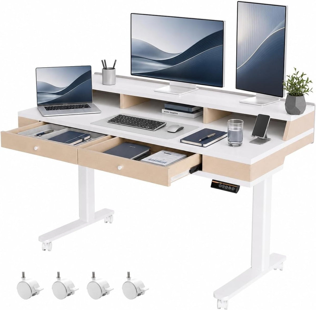 Claiks Standing Desk with Drawers & Wheels, 55 Inch, White