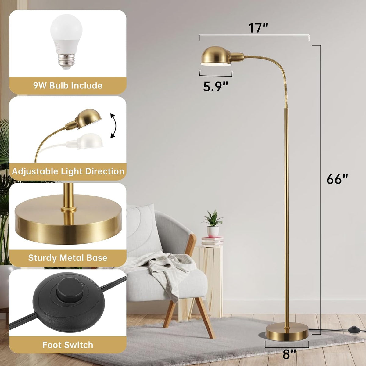 Adjustable Floor Reading Lamp Standing Lamps with Remote Control Gooseneck an...