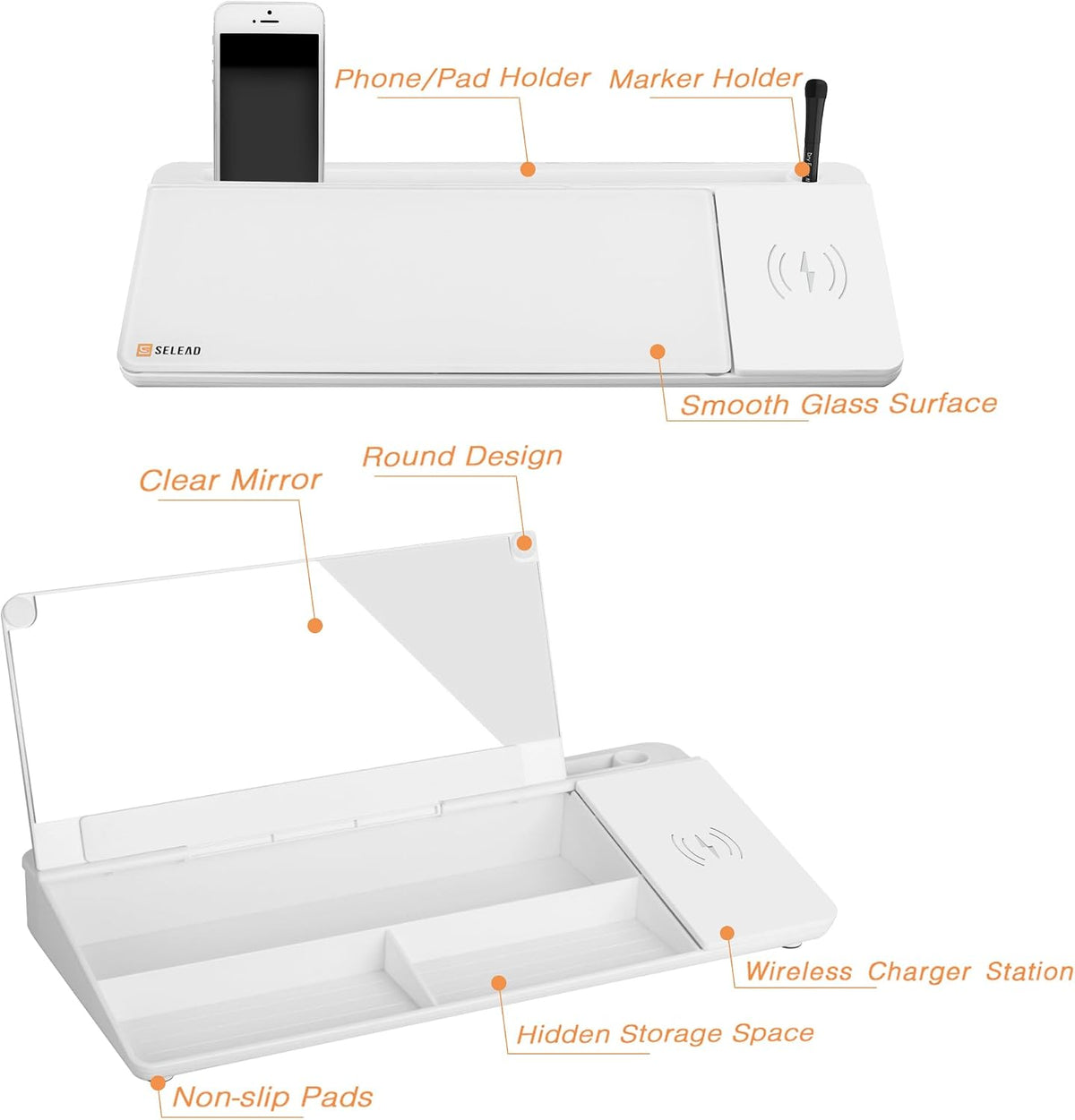 SELEAD Desktop Glass Whiteboard with Wireless Charger and Mirror, White