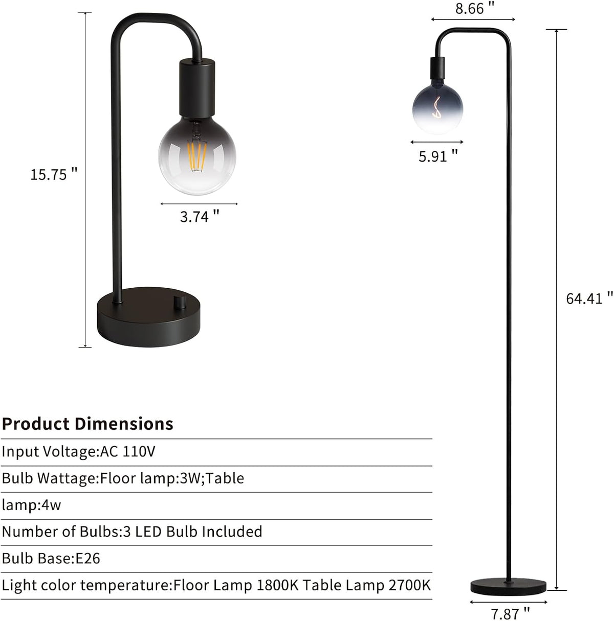 ONEWISH Industrial Lamp Set 3 Piece-1 Floor Lamp and 2 Dimmable Table Lamp- 3...