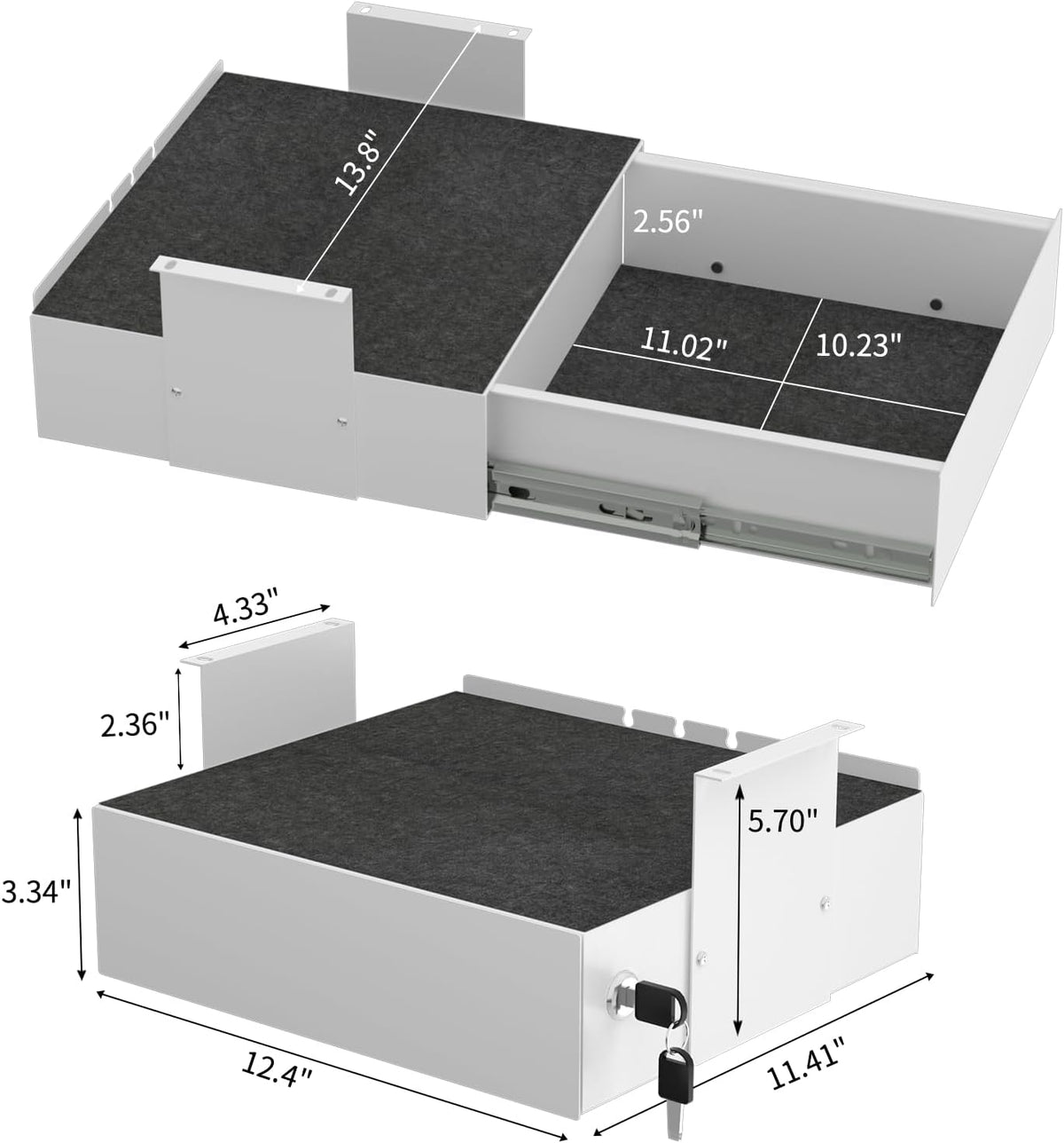 Under Desk Drawer with Lock, 13 Inch Slide-Out Metal Storage Drawer with Brac...