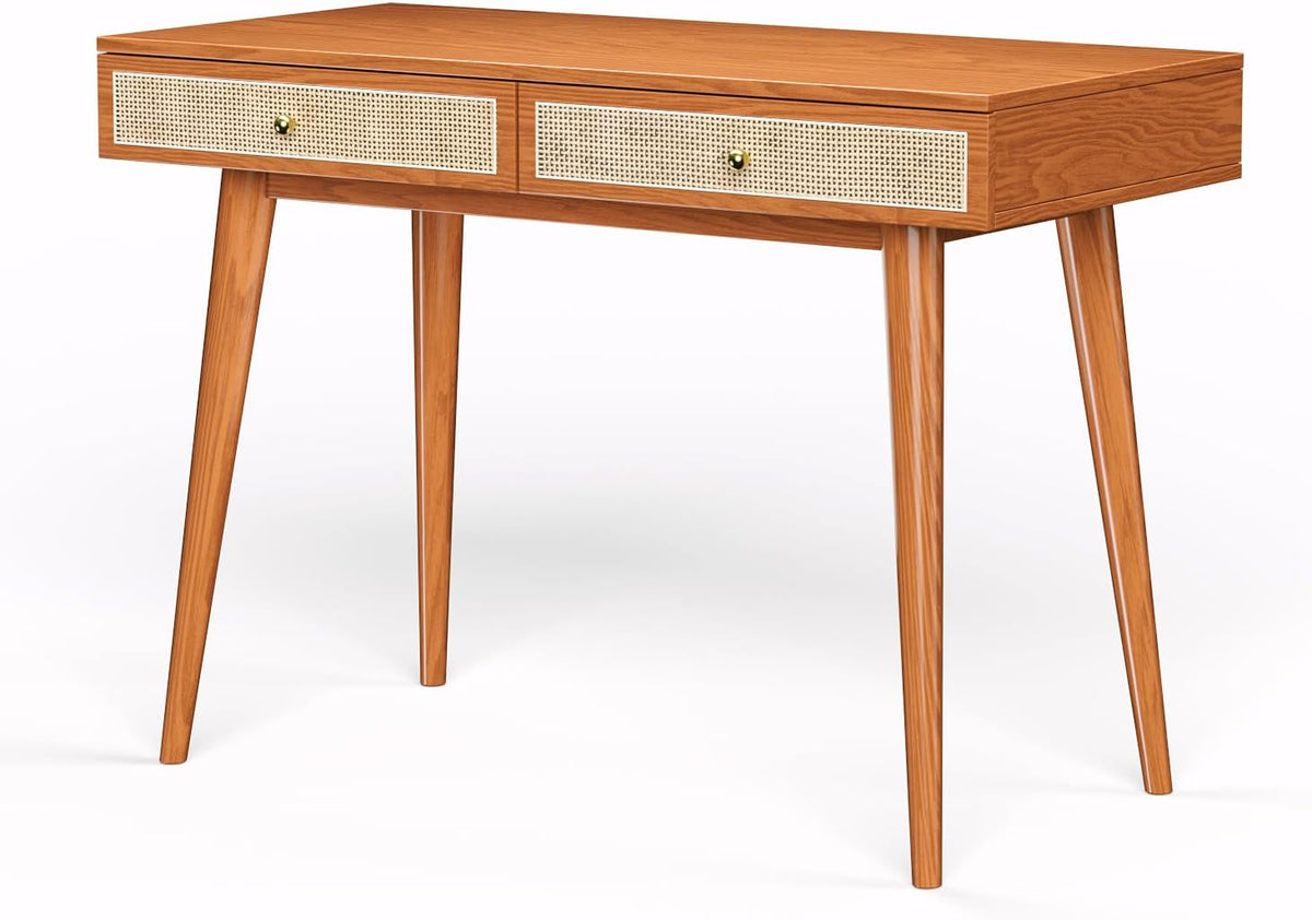 Mid-Century Modern Solid Wood Desk with Drawers – 45 inch Small Boho Rattan W...