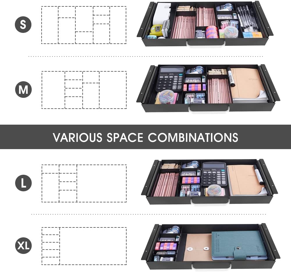 GOME Large Size Under Desk Slide out Pencil Drawer with Adjustable Space Divi...