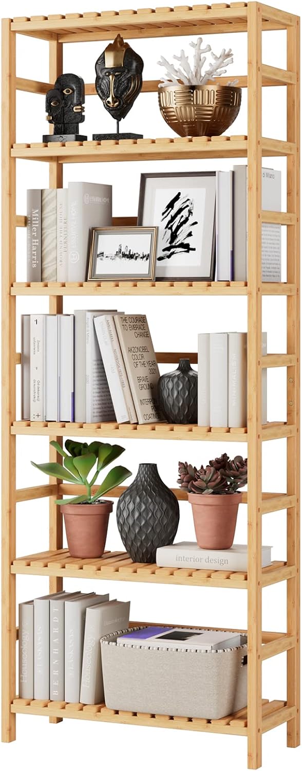 Bamjoy Bamboo Shelf, 6 Tier Bookcase Storage Shelves, Tall Book Rack Shelving...