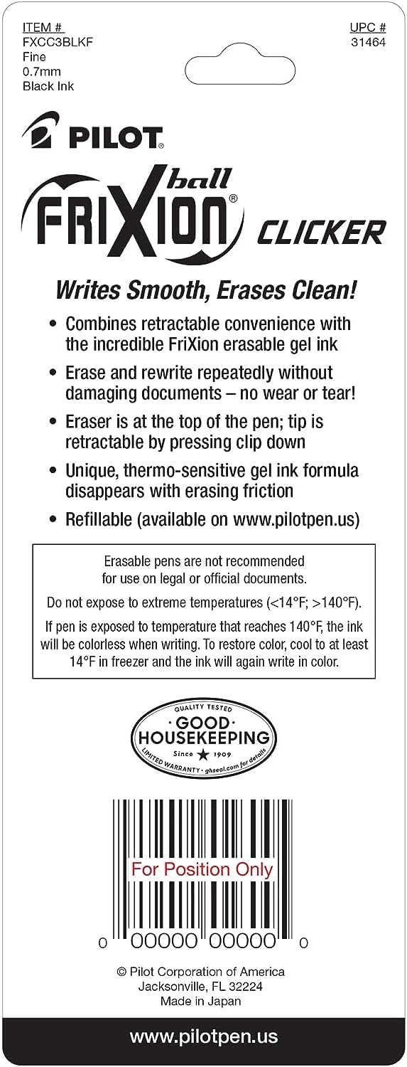 Pilot FriXion Clicker Erasable Pens, Fine Point 0.7 mm, Black Ink, 18-Pack