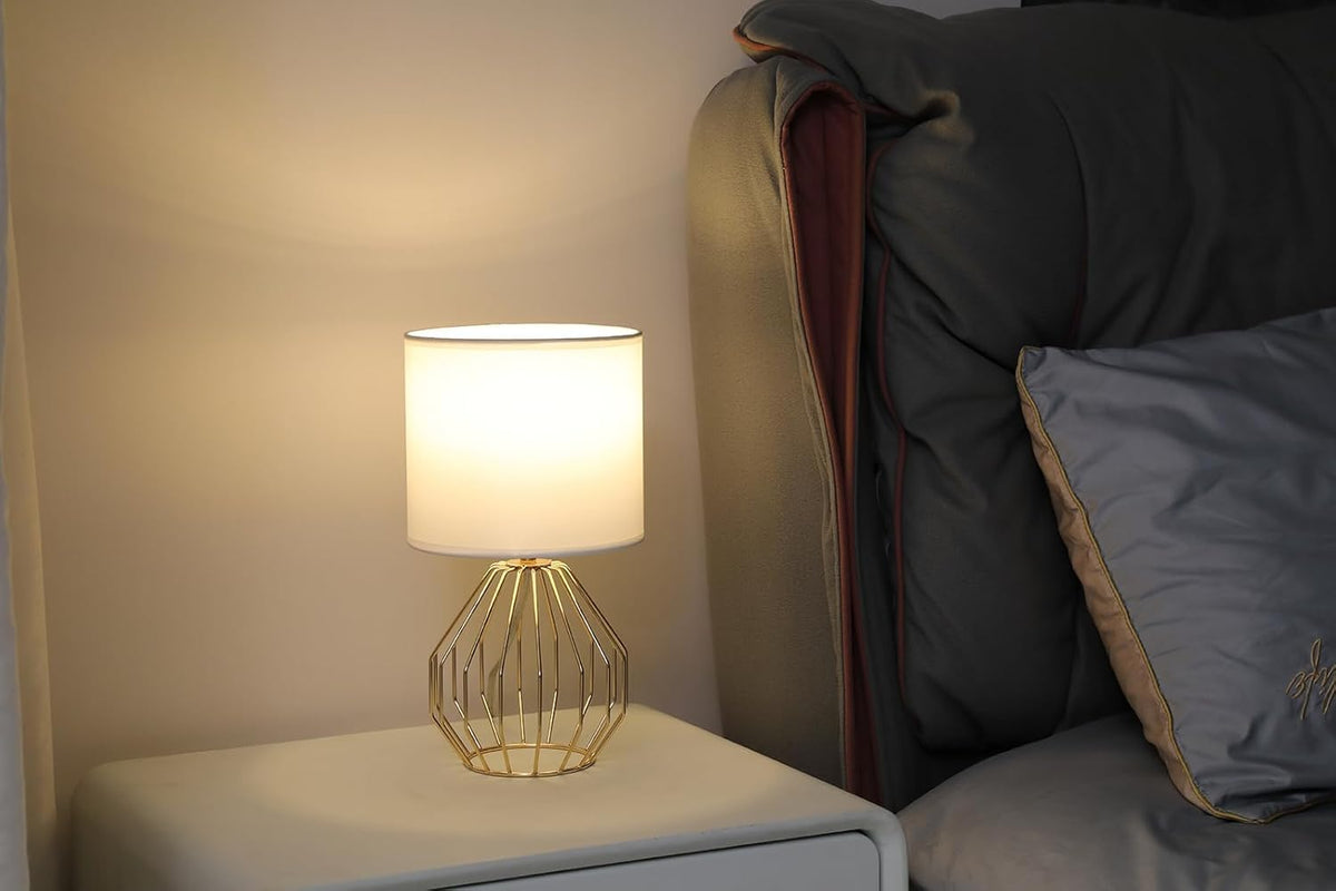 Small Gold Table Lamps, Set of 2 Bedside Nightstand Lamps with White Fabric S...