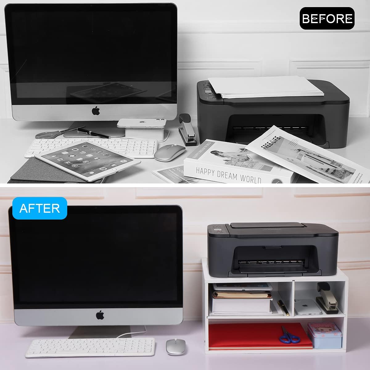 EMERIT Printer Stand Shelf with Storage Wood Desk Paper Organizer for Home/Of...