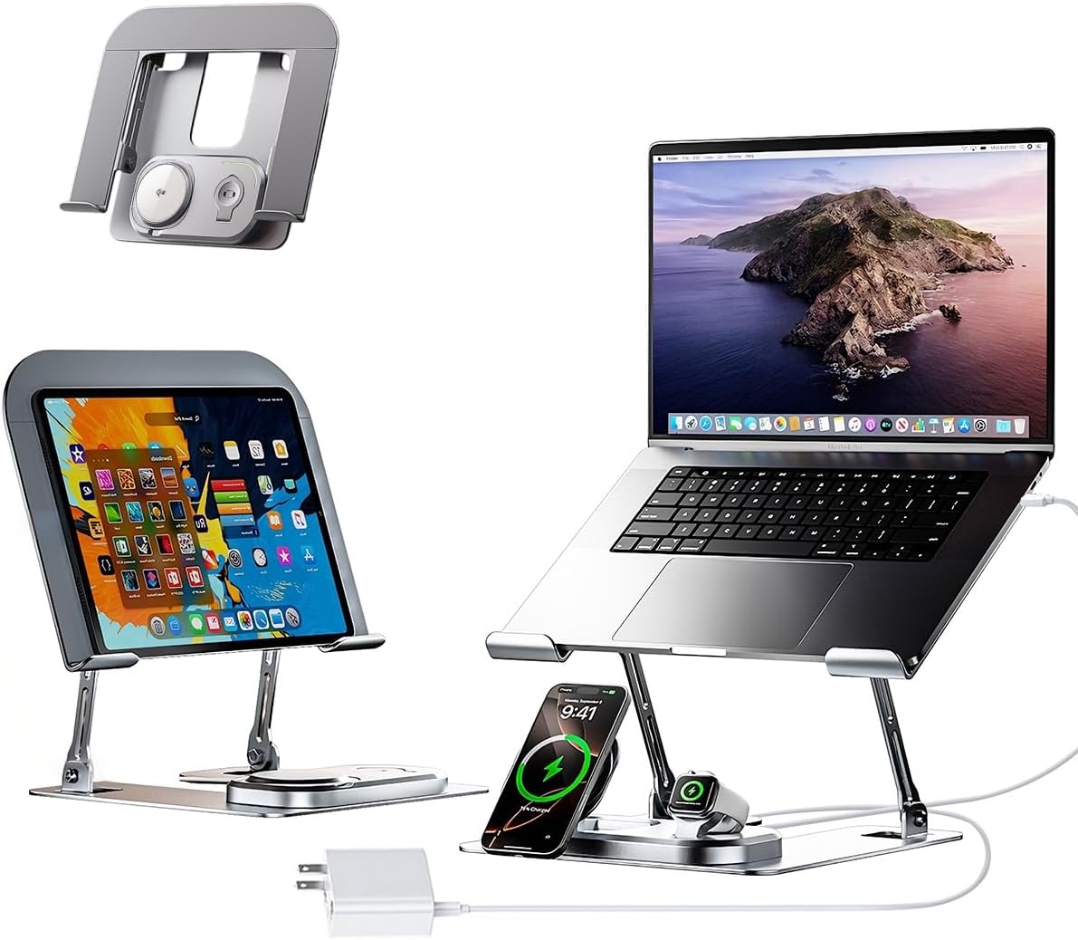 Adjustable Laptop Stand with Wireless Charger, Qi2 15W, 4in1