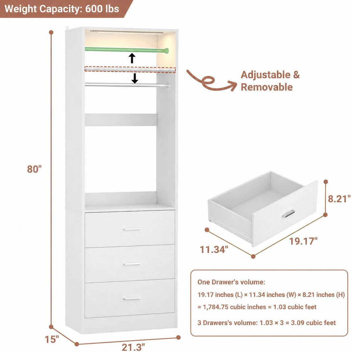 Besiost Closet System with Drawers & Sensor Light, White (Enclosed Storag...