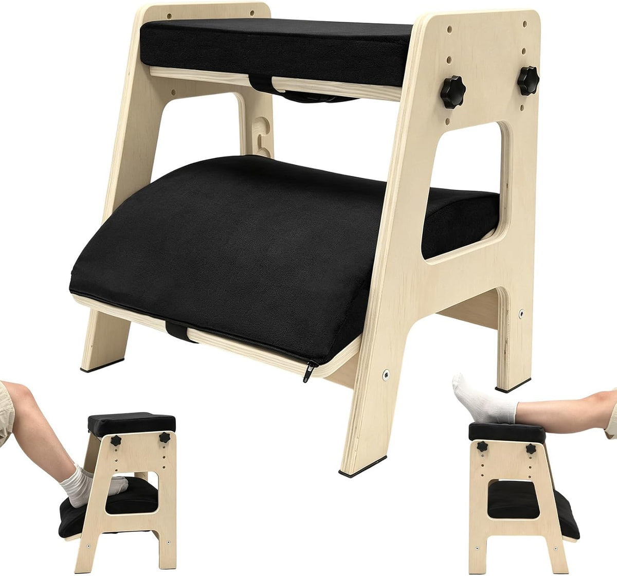 Double Step Footrest Under Desk, Adjustable Wooden Foot Stool with Cushions