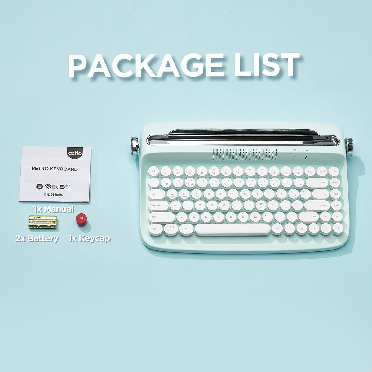 YUNZII ACTTO B303 Wireless Retro Typewriter Bluetooth Keyboard(Sweet Mint)