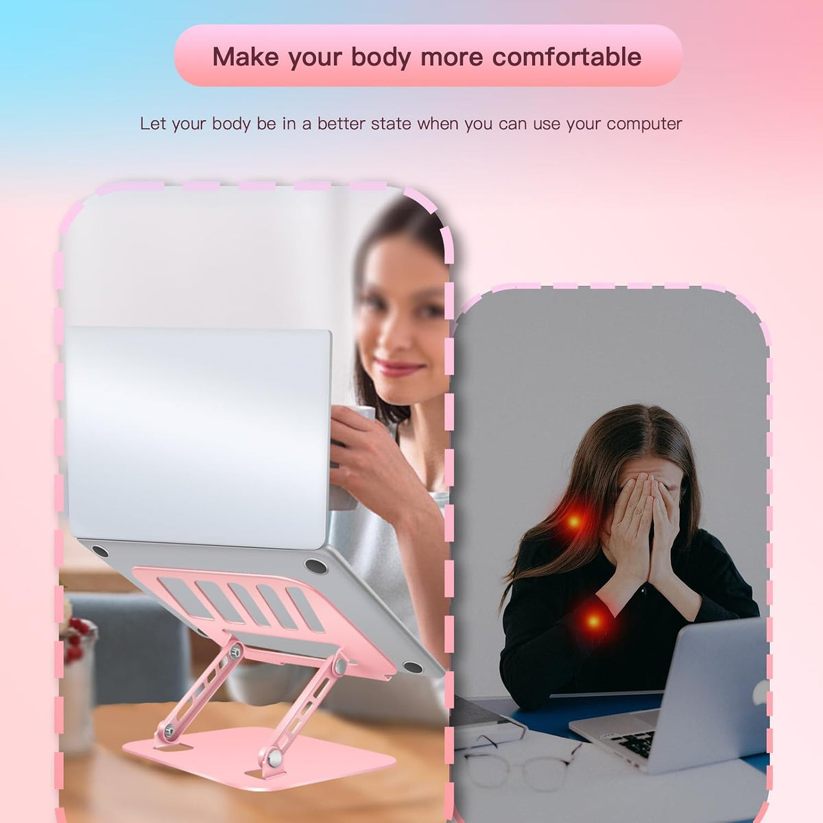 Pink Adjustable Laptop Stand with Phone Holder, Foldable Riser