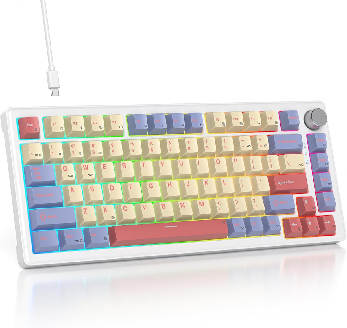75% Mechanical Keyboard Gasket with Knob, Custom Wired Creamy Gaming Keyboard...