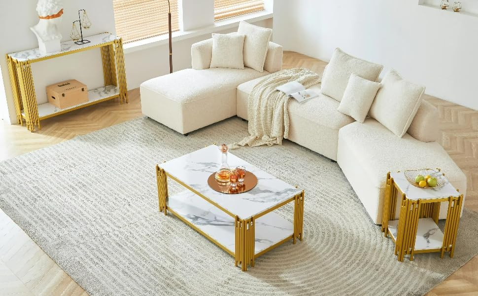Elegant Faux Marble Coffee Table Set - Modern White Console & End Tables ...