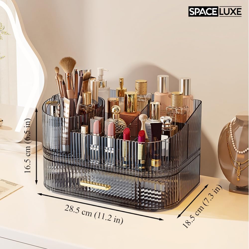 Makeup Organizer with Drawers, 360° Rotating Brush Holder