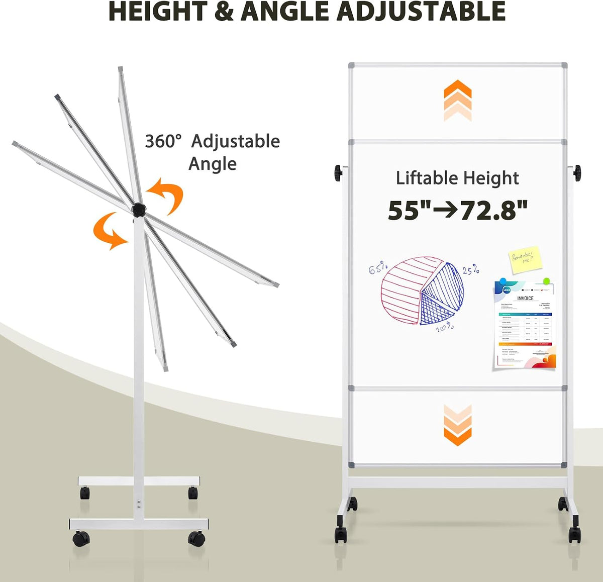 Rolling Whiteboard Cork Board, 40" x 24", Double Sided, Height Adju...