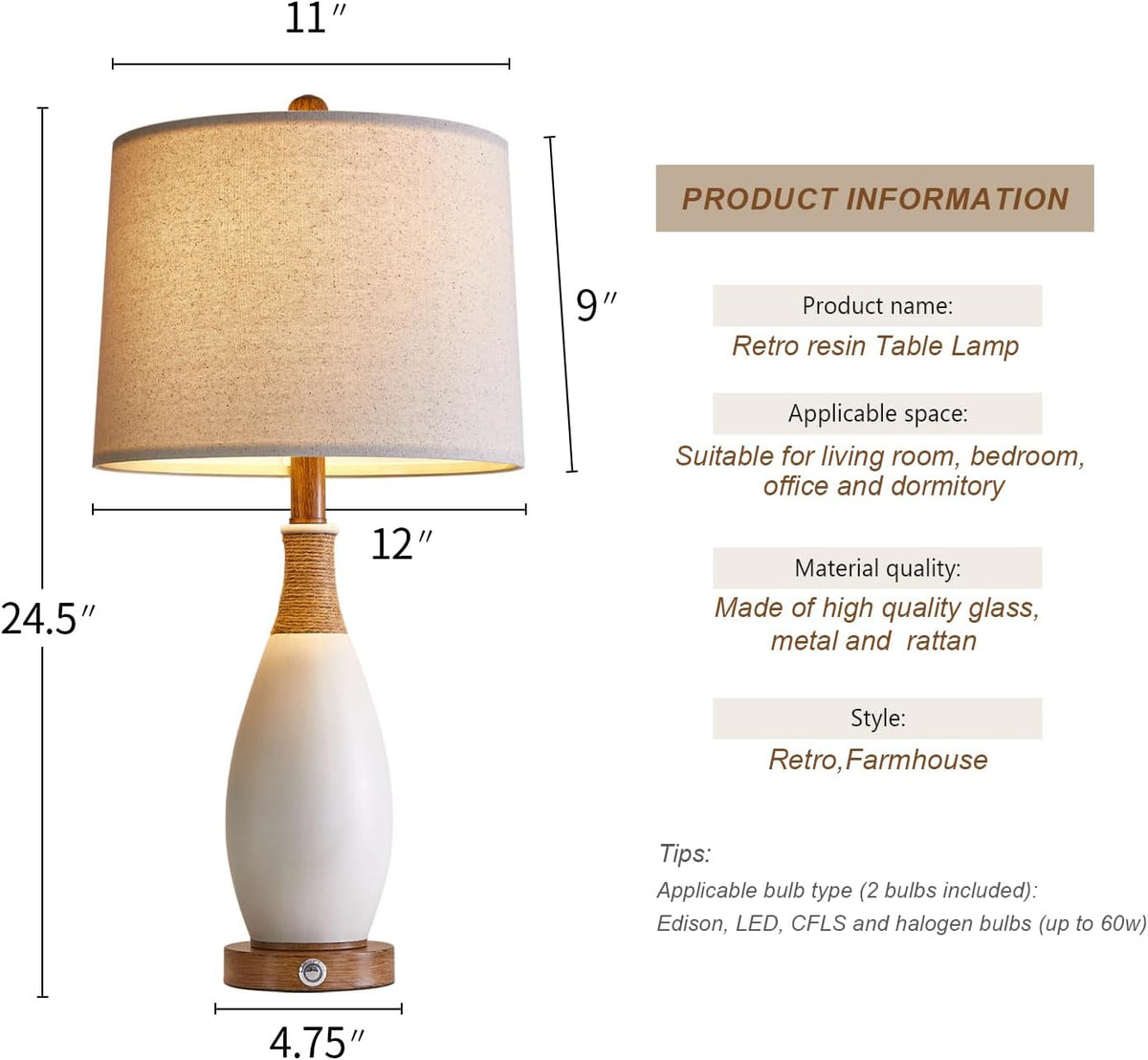 OYEARS 24.5” 3-Way Dimmable Touch Control Bedside Table Lamp Set of 2 with US...