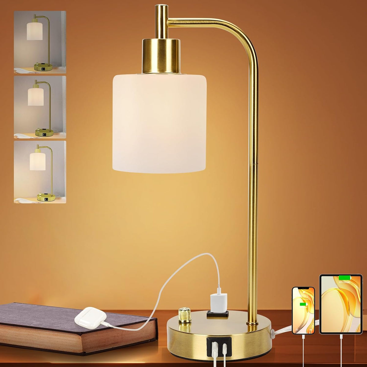 Industrial Table Lamp, Stepless Dimmable Gold Desk Lamp with 2 USB Ports and ...