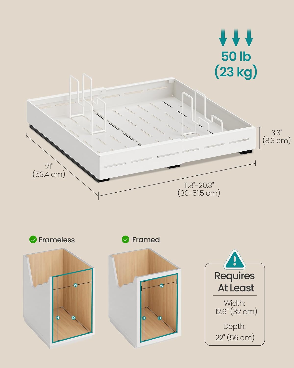 SONGMICS 2 Pack Expandable Pull Out Cabinet Organizer 21"Deep 3 Rail Slide