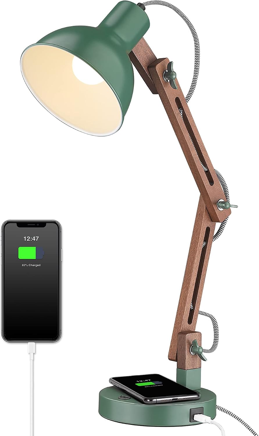 ELYONA LED Desk Lamp with Wireless Charger, Sapele Wood Reading Light with US...