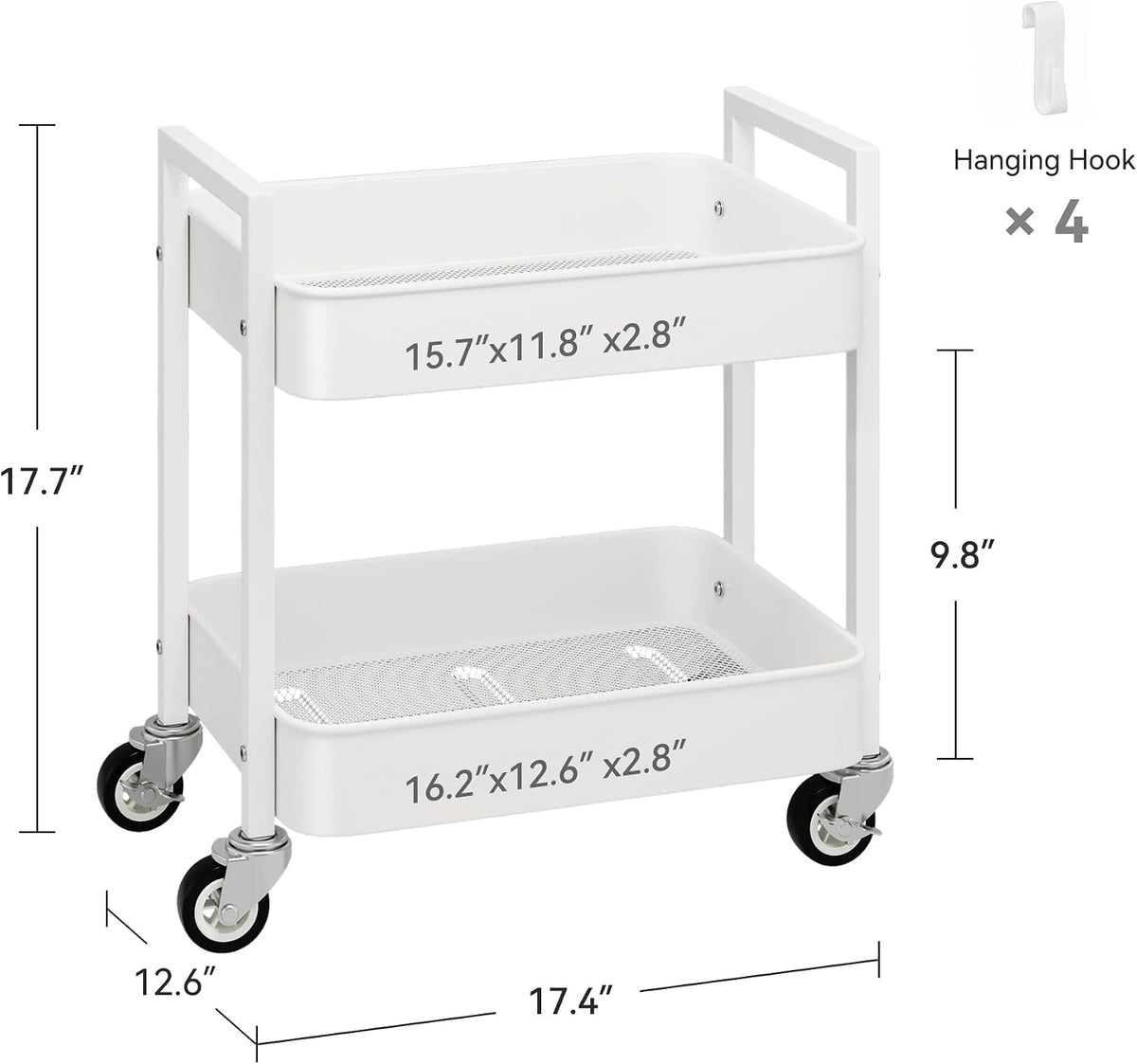 Nunsino Small 2 Tier Rolling Cart Under Desk Storage with Wheels,White