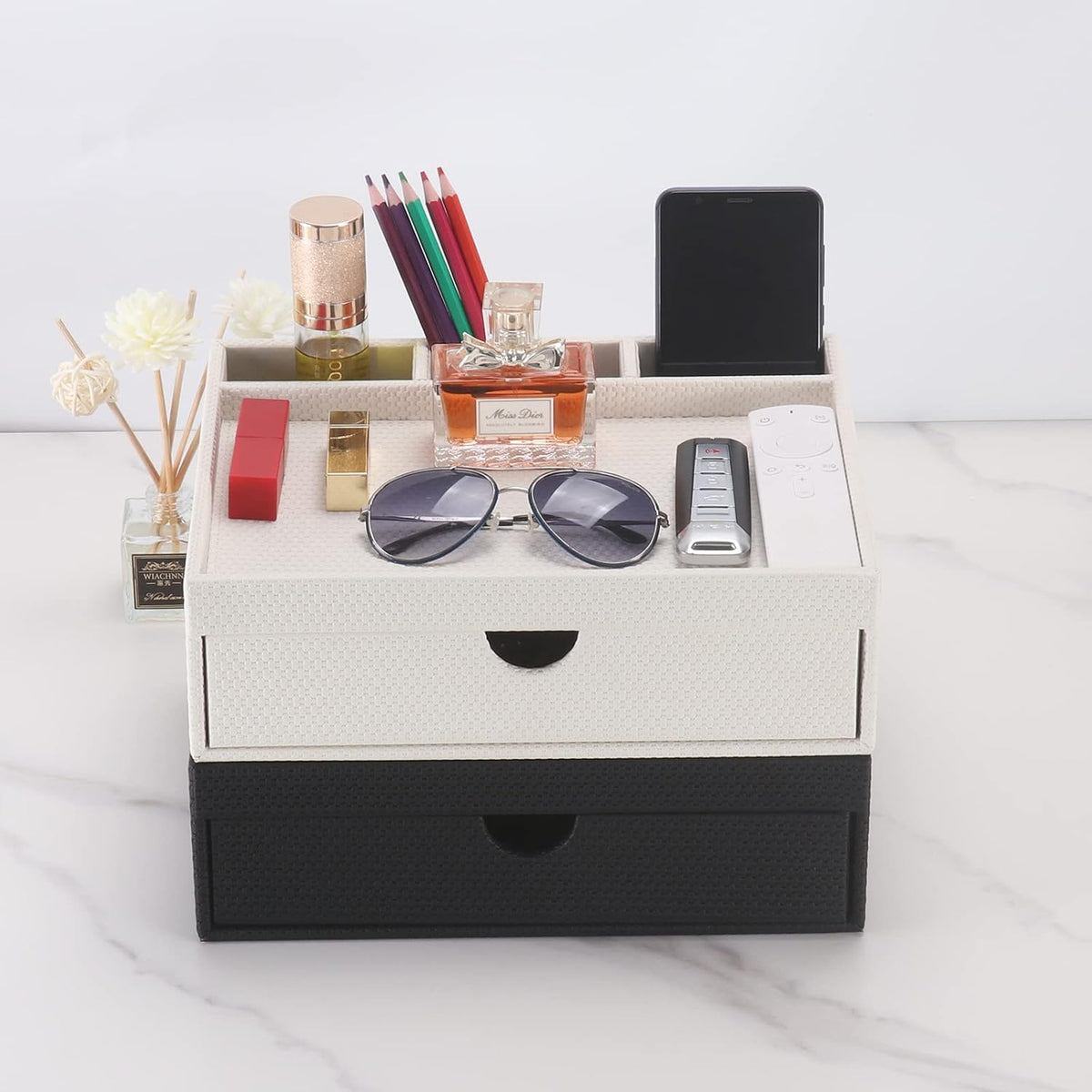 Leather Desk Organizer With Drawers, Home Cosmetics & Phone Remote Organi...