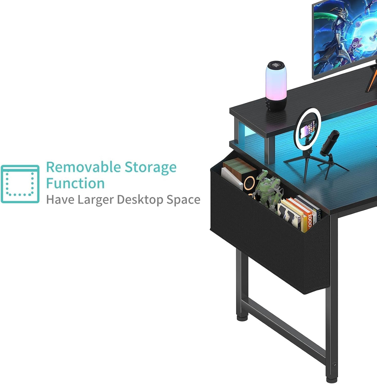 Lufeiya Black Gaming Desk with LED Lights and Power Outlets, 40 Inch Teen Wri...