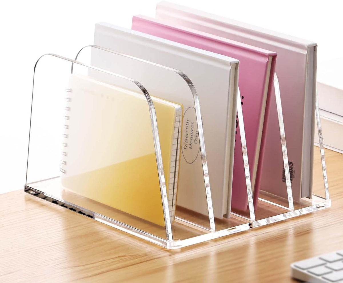 YUXUN Acrylic Desk File Organizer, 4-Section Upright Magazine Holder