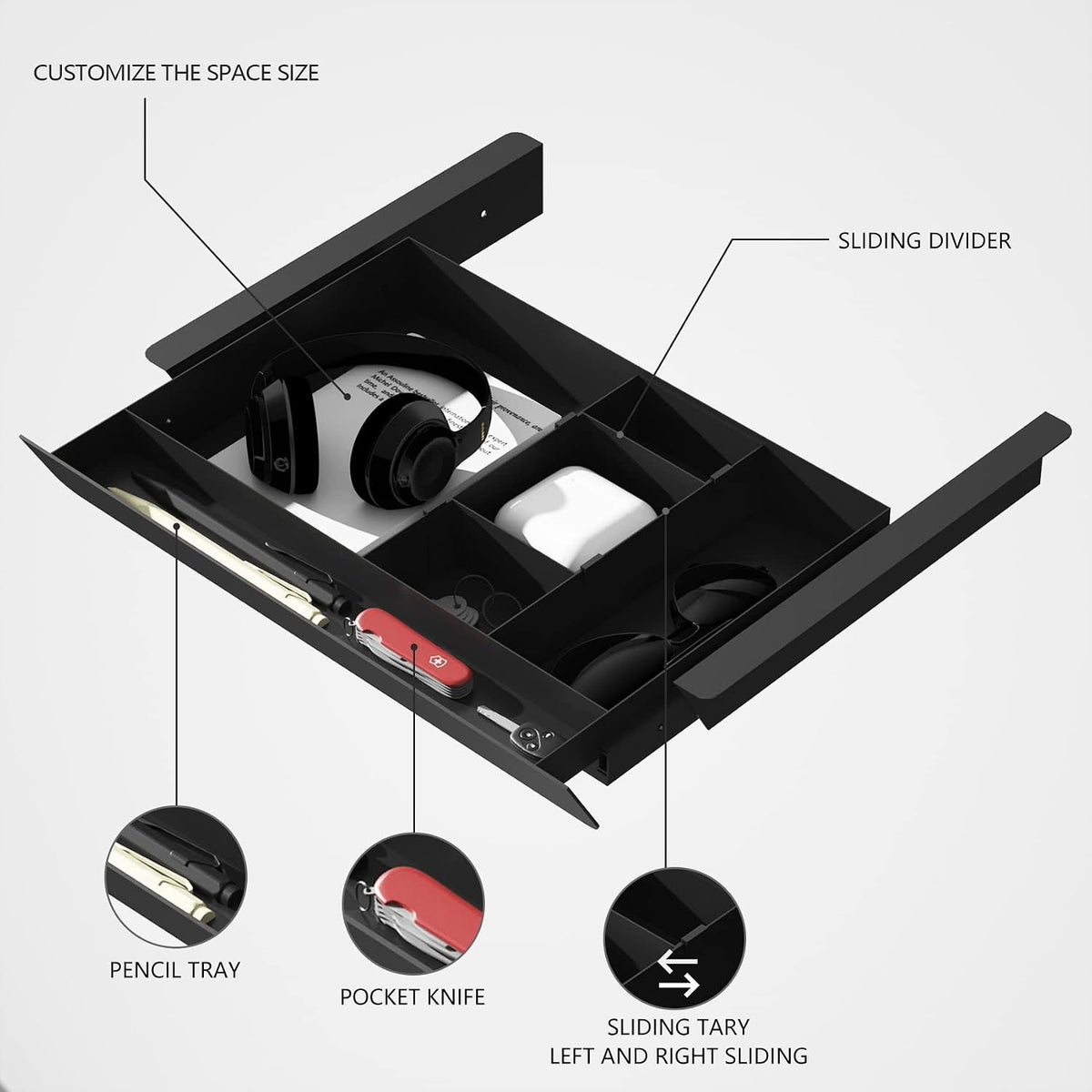 Under Desk Mounted Sliding Pull-out Drawer with Pencil Tray and Slide Storage...
