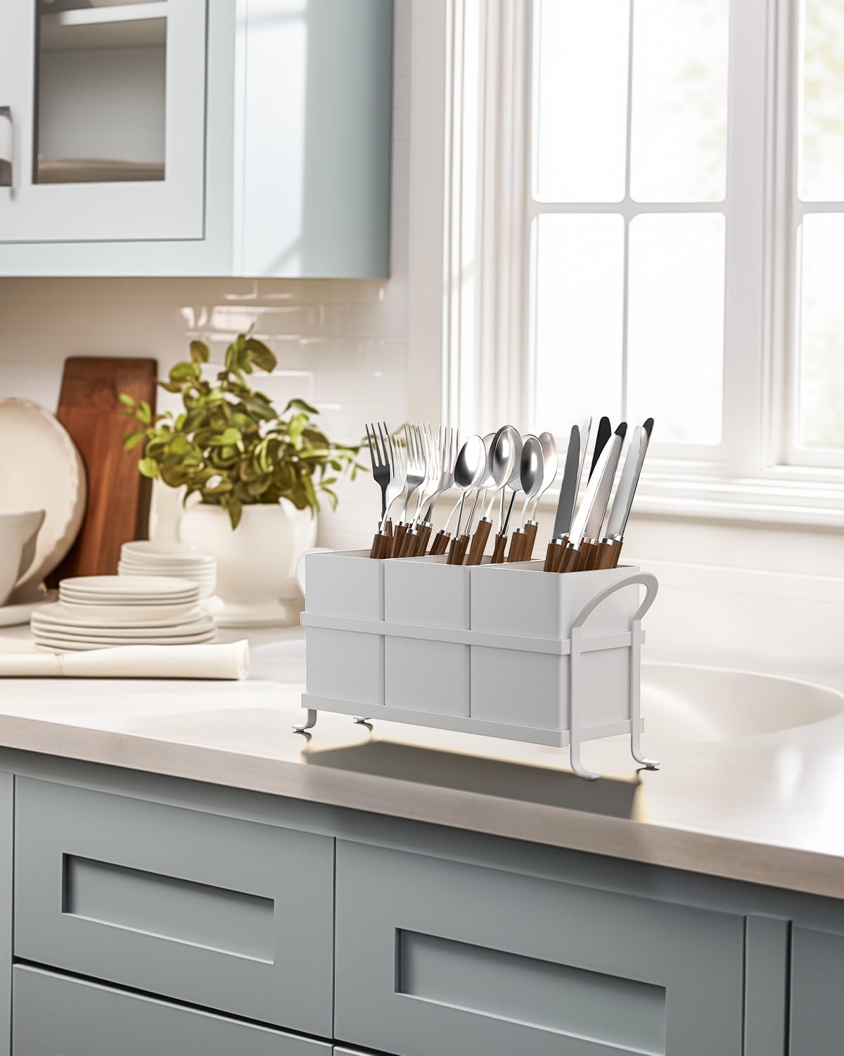 White Kitchen Utensil Holder - Chic Silverware Holder for Party, Compact and ...