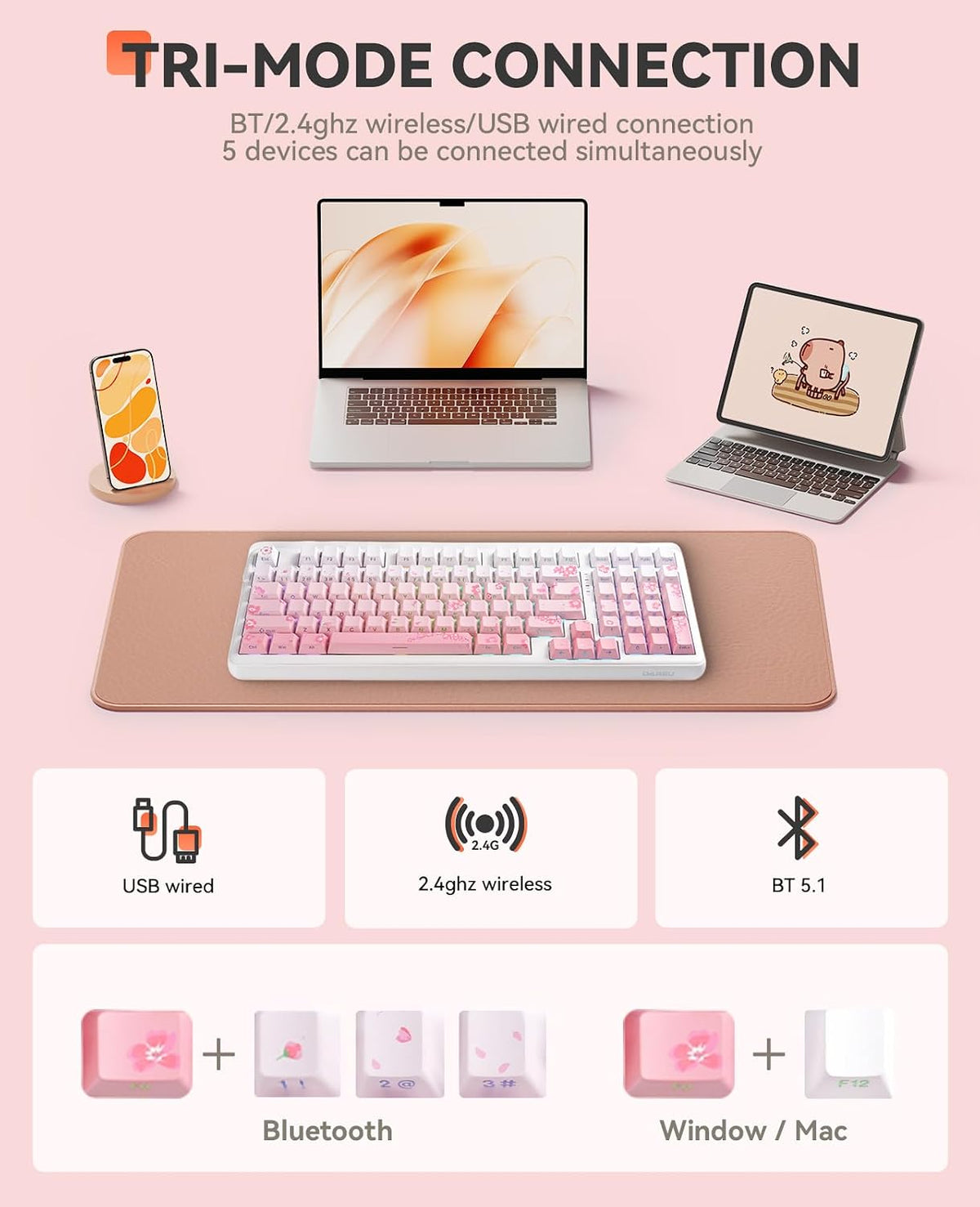 DAREU EK98pro Sakura Pink Wireless Mechanical Keyboard,Tri-Mode BT/2.4GHz/USB...