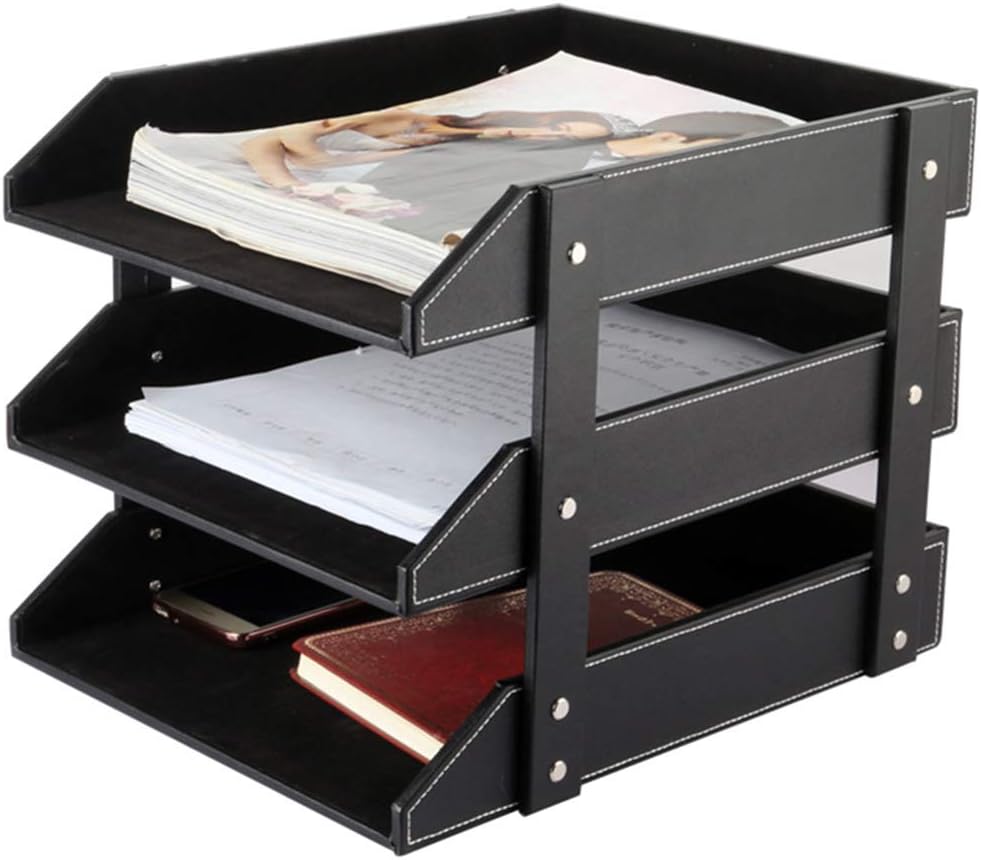 Leather Desk File Organizer, 3-Layer Stackable Tray, Used to Store documents,...