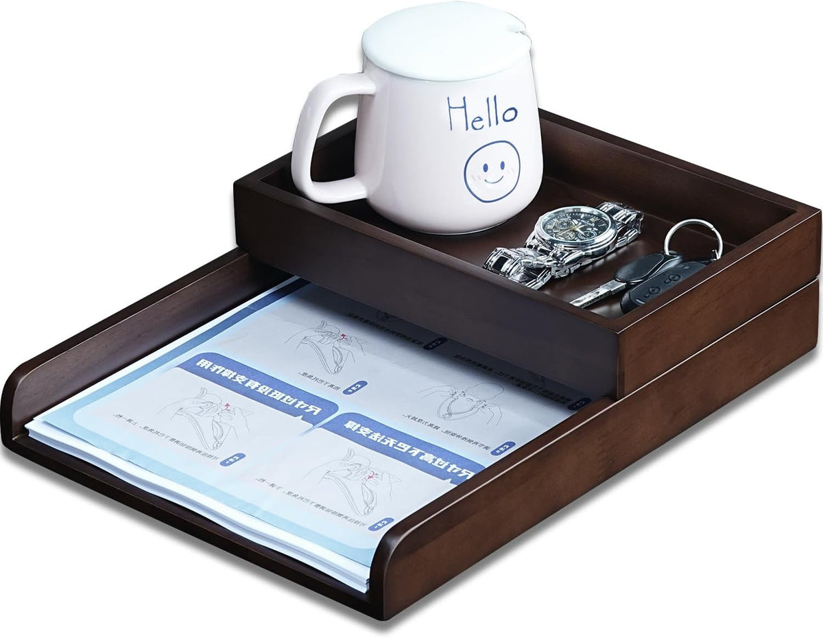 Wood 2-Tier Letter Tray, Stackable Detachable Paper Tray Desk Organizer