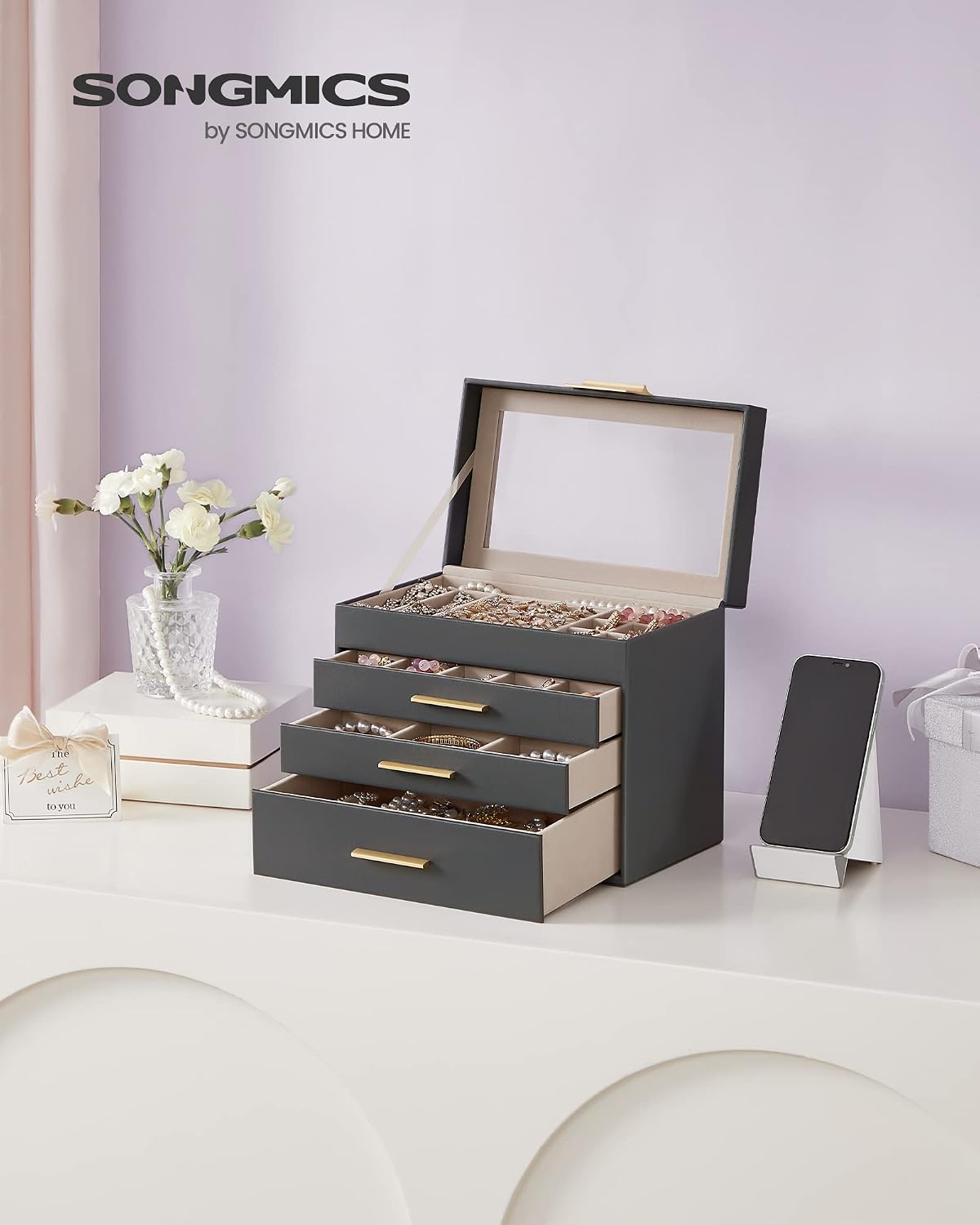 SONGMICS Jewelry Box Organizer, 4-Layer Storage with 3 Drawers, Glass Lid