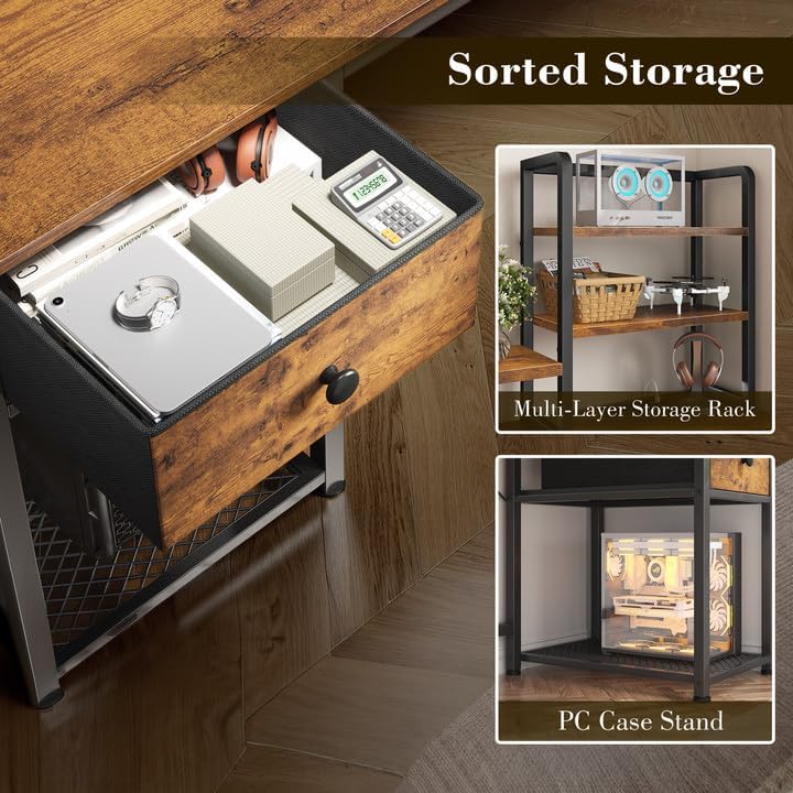 EnHomee 55" Reversible Computer Desk, Hutch, USB & LED, Rustic Brown