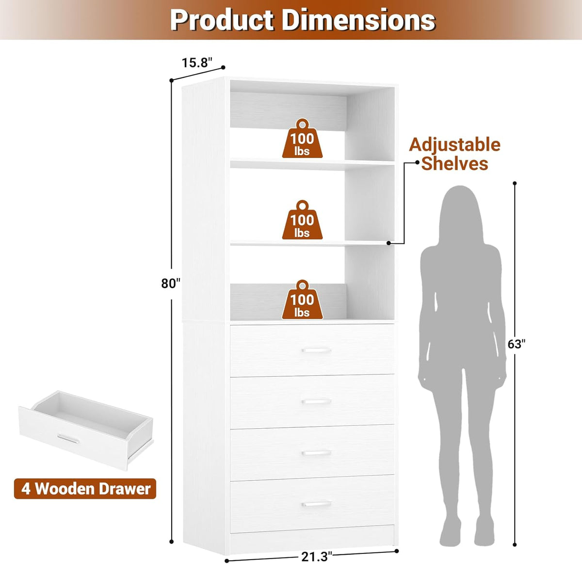 Aheaplus Closet Drawers System, 21.3" Wood Closet Organizer with 4 Drawers