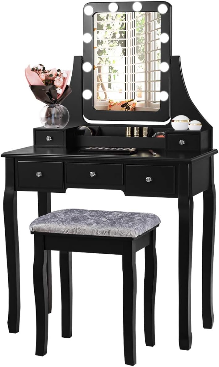 CHARMAID LED Vanity Desk with Lighted Mirror, 10 Dimming Bulbs, 5 Drawers, 3 ...